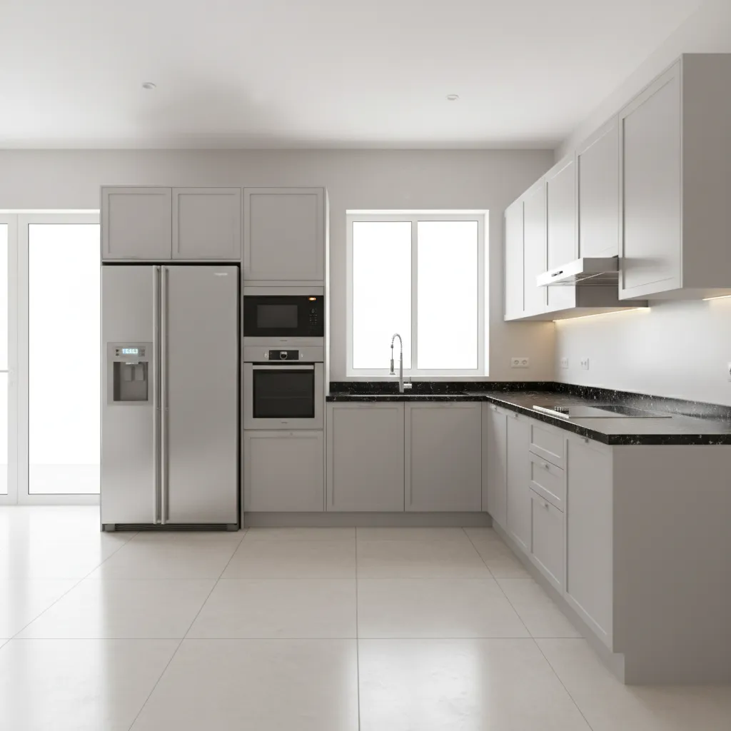 3D rendered modular kitchen design with granite countertop