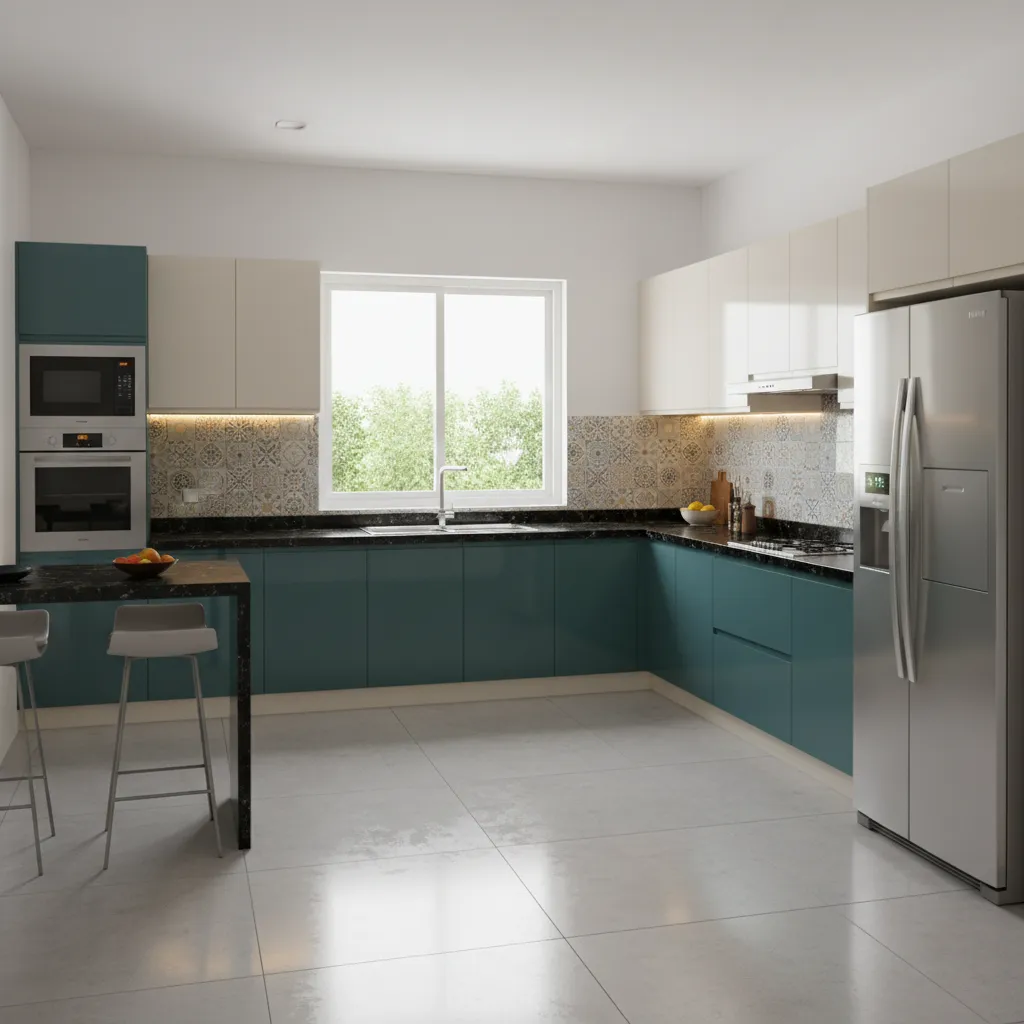3D rendered modular kitchen design for Indian apartment