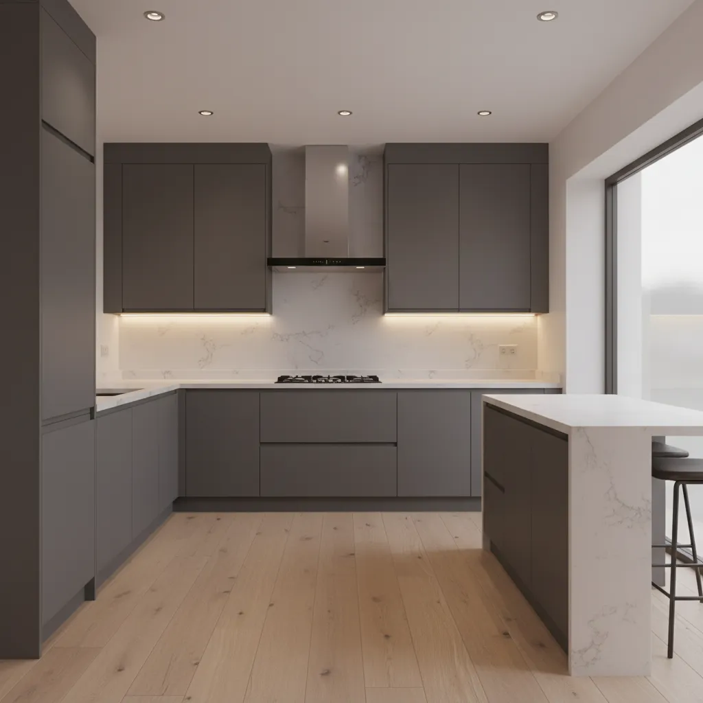 medium modular kitchen with angled chimney hood above cooktop
