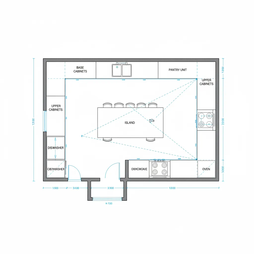 Kitchen floor plan drawing with central island base cabinets upper cabinets oven dishwasher and dimensions