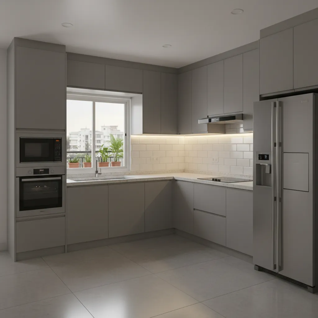 Modern modular kitchen in Bangalore apartment with cabinets and lighting
