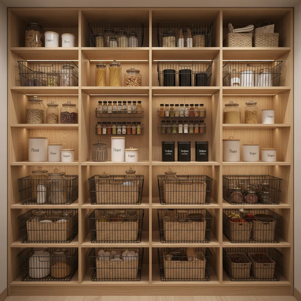 modular kitchen storage system with stackable baskets inside pantry cabinet