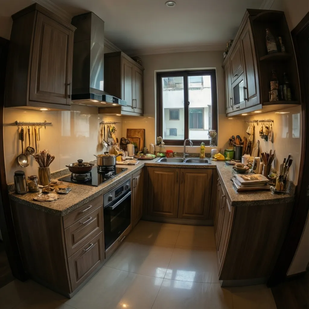 Modern Indian modular kitchen interior showing full cabinet system and countertop