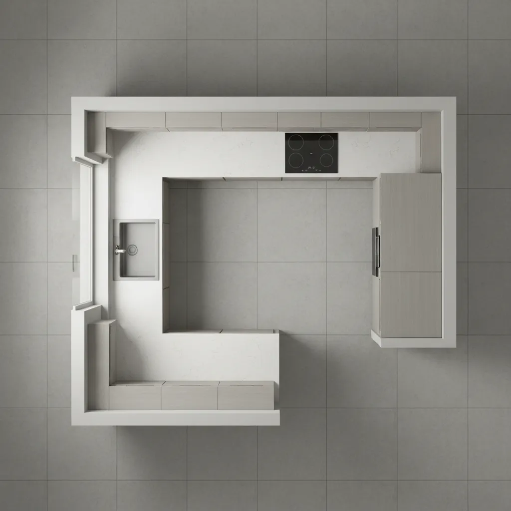top view kitchen layout plan showing modular cabinets and appliance placement