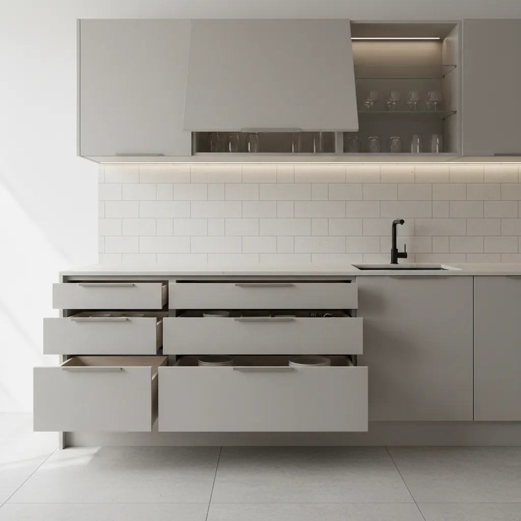 close view of modular kitchen cabinets showing laminate finish and storage drawers
