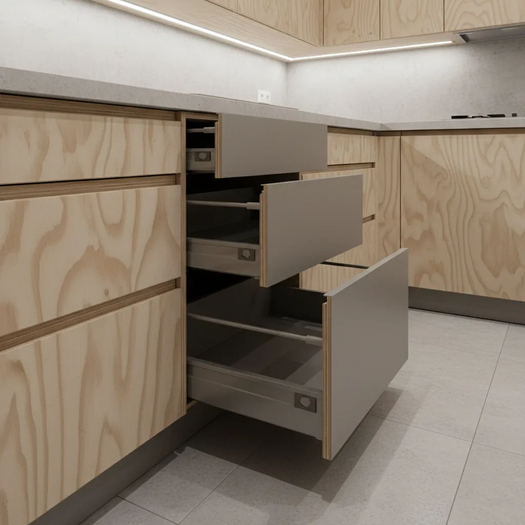 Close view of modular kitchen cabinets and drawer hardware systems