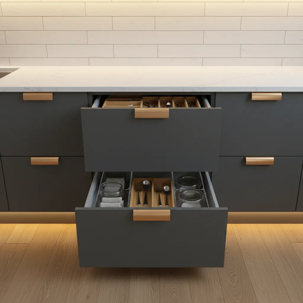 modern kitchen cabinets with quartz countertop and organized storage drawers