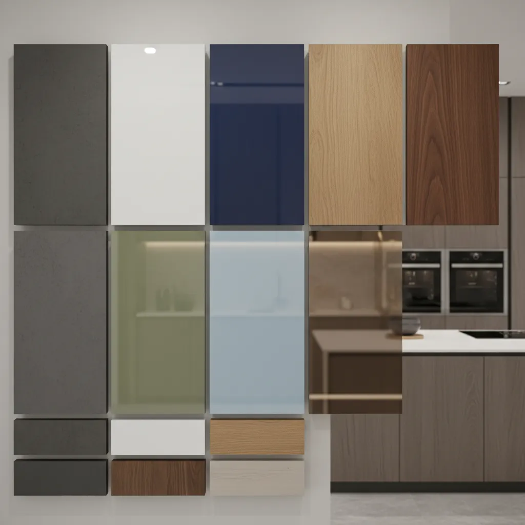 close view of modular kitchen cabinets with different material finishes