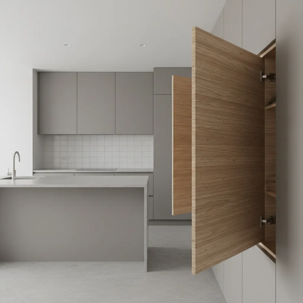 open modular kitchen cabinet showing plywood layers and structure
