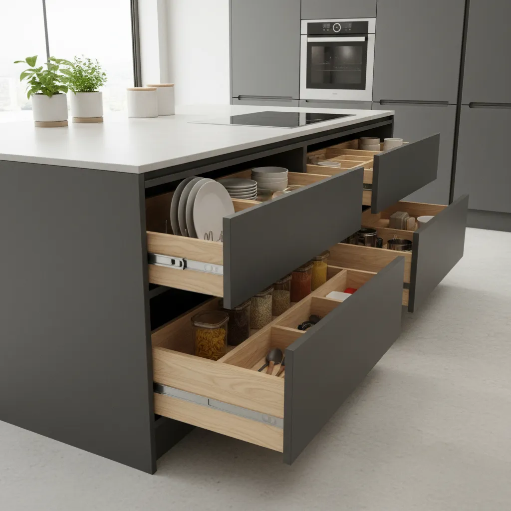 Close view of modular kitchen cabinets and drawers with organized storage