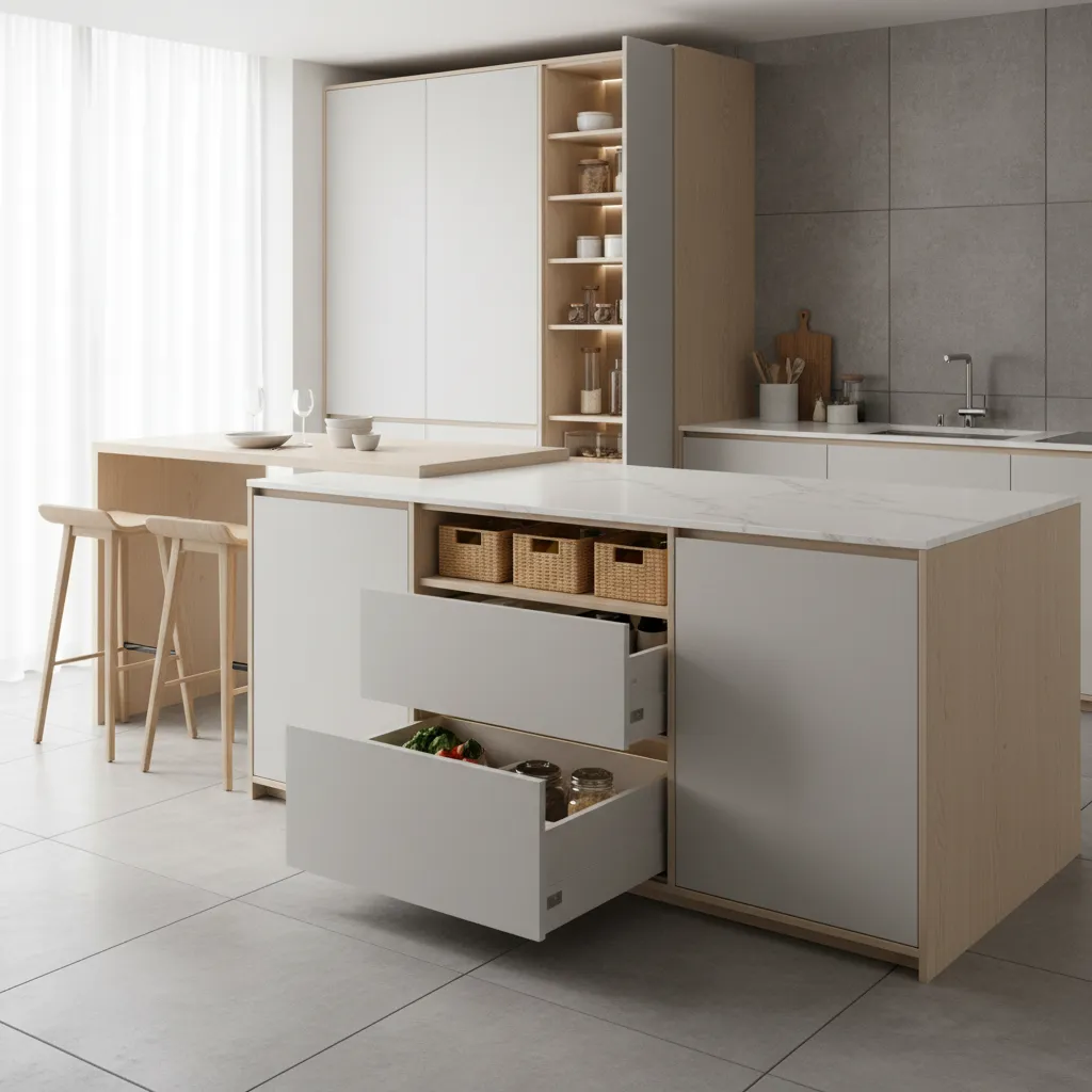 modular kitchen cabinets with drawers and storage modules in a modern kitchen