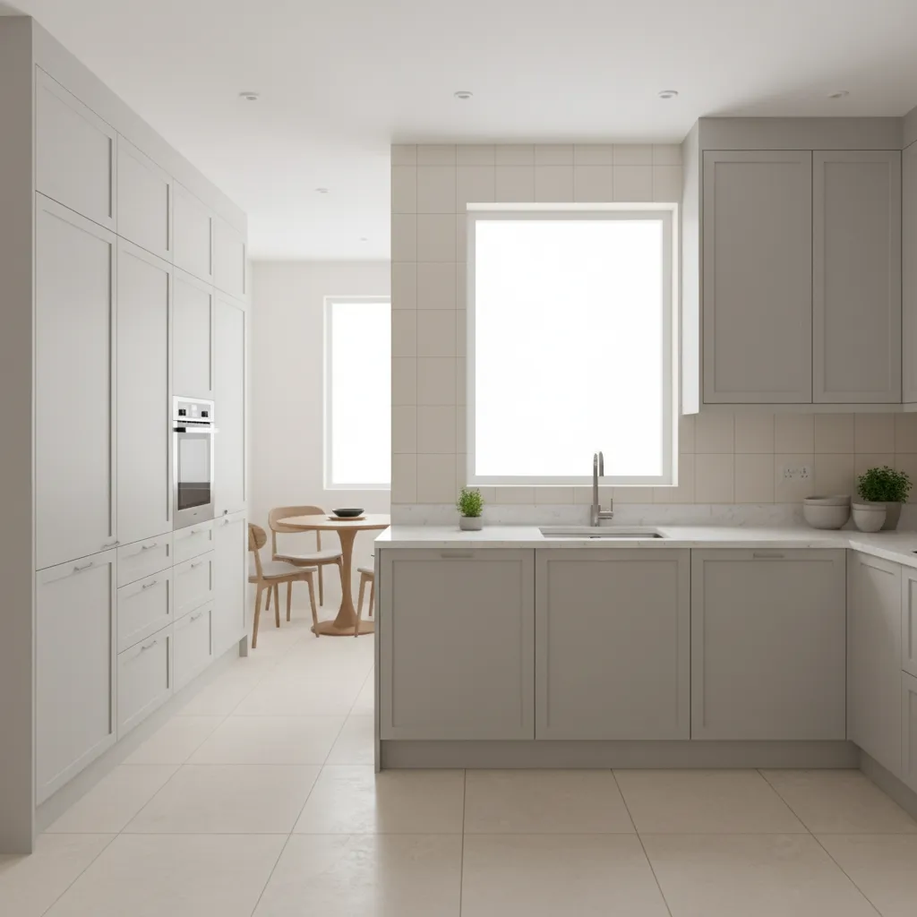Minimalist grey kitchen with tall cabinets white countertop sink window and small wooden dining table