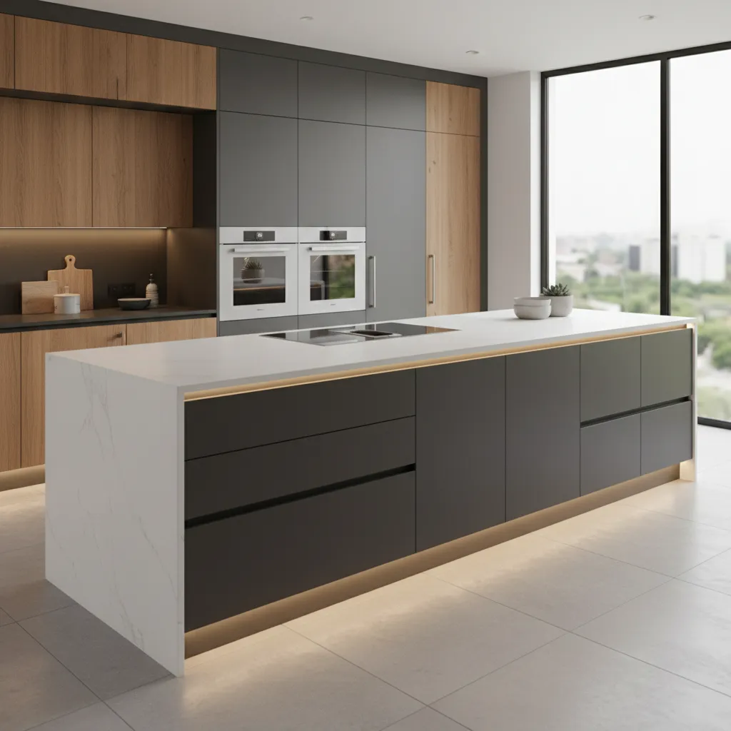 Modern kitchen interior design showing a gray island white countertop two ovens and wooden cabinets