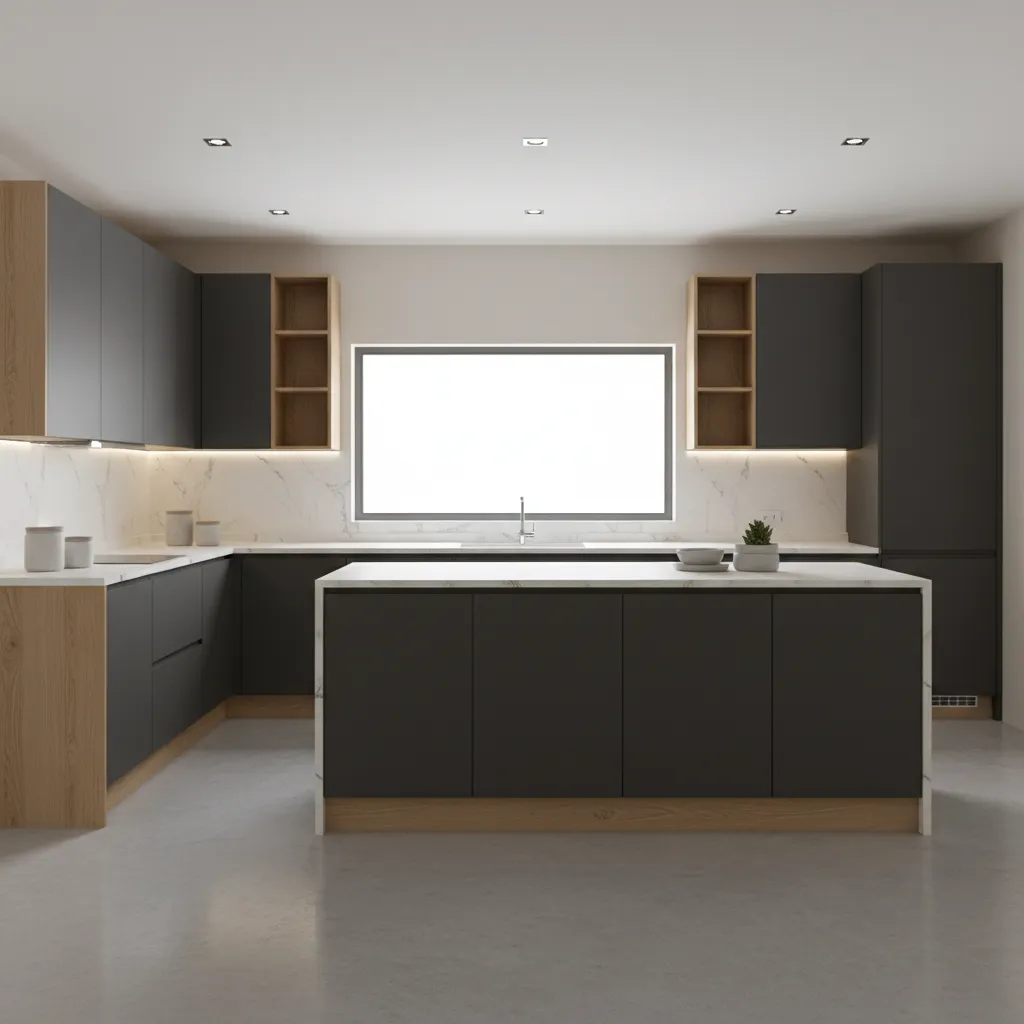 Modern grey kitchen interior design drawing with wooden accents large island window and ceiling lights