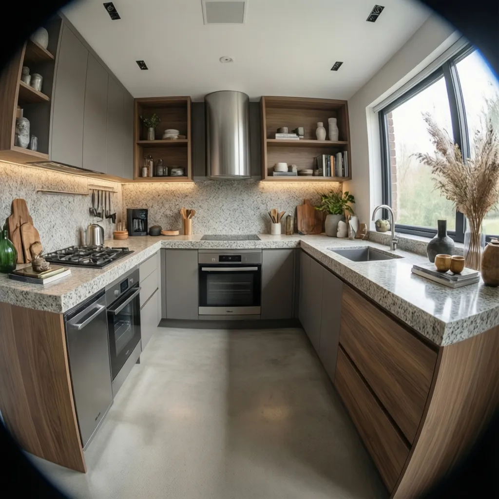 Modern U-shaped kitchen with grey and wood cabinets stone countertop gas stove oven and window