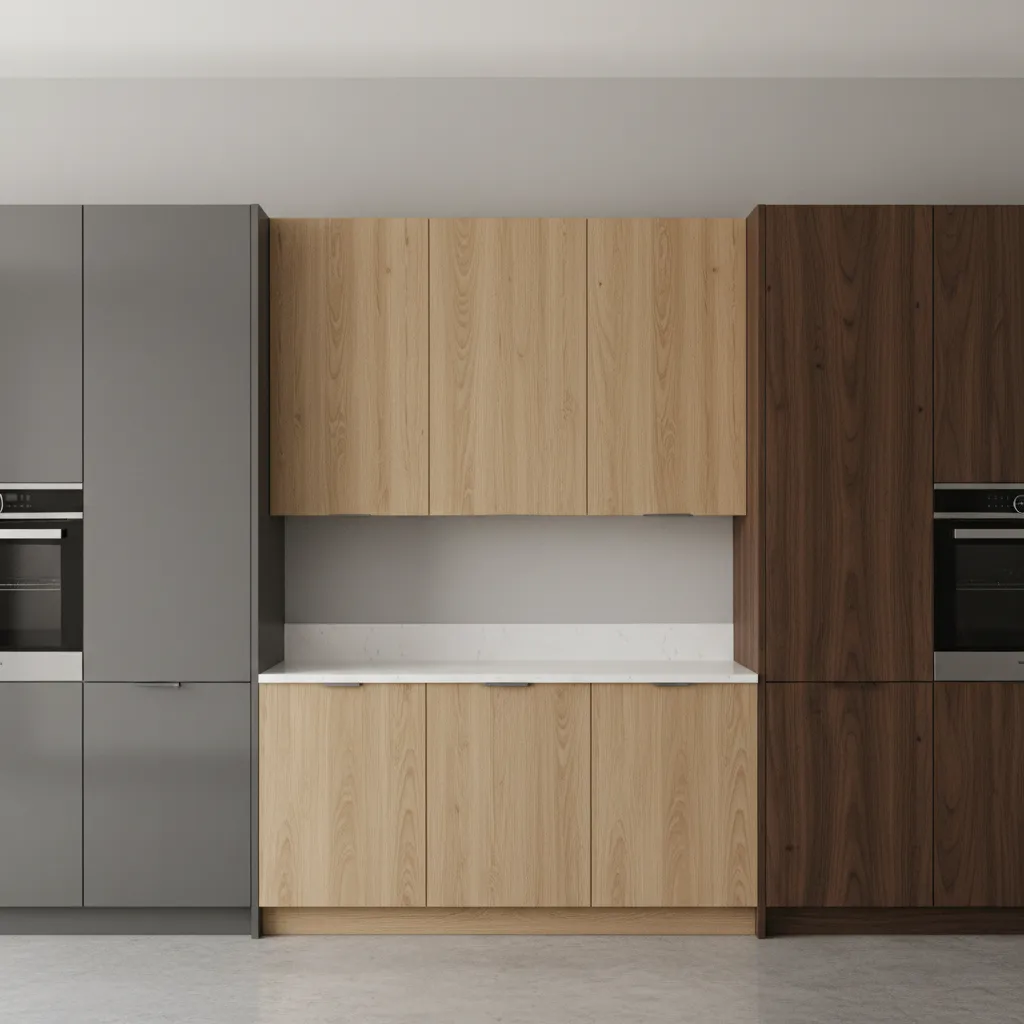 different modular kitchen cabinet finishes including laminate acrylic and wood