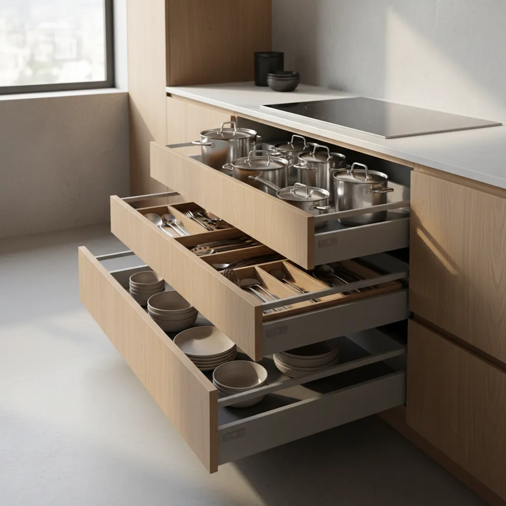 Modern wooden kitchen cabinet with three drawers storing organized metal pots, utensils, and ceramic plates
