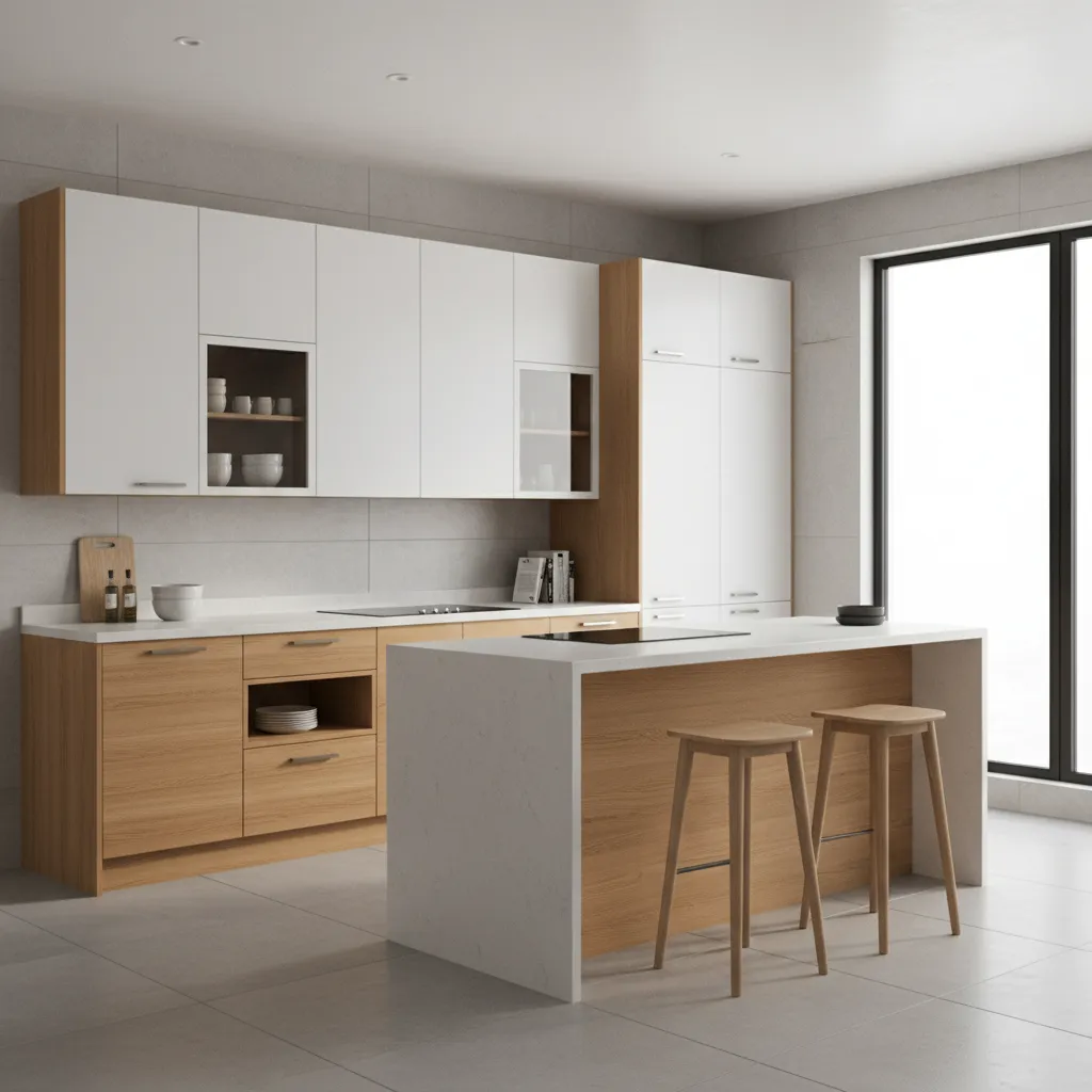 Modern kitchen featuring white and wood cabinets with a central island plus two wooden stools
