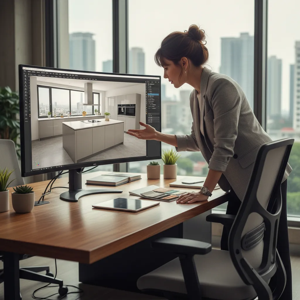 designer planning modular kitchen layout on digital screen with 3D visualization