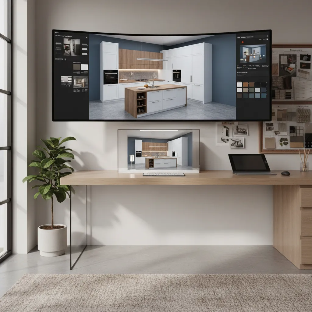 3D visualization of modular kitchen design planning on screen