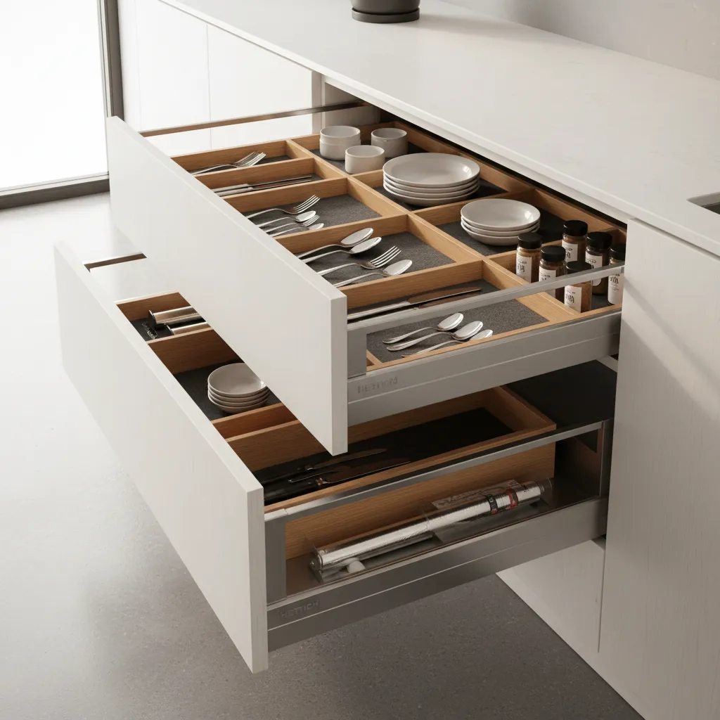 Organized modular kitchen drawer system with cutlery storage