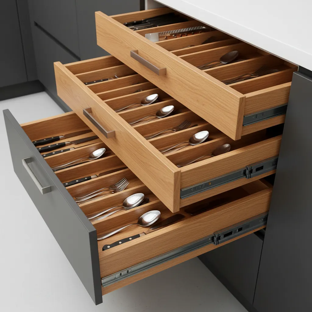 modern modular kitchen drawers and hardware systems close-up