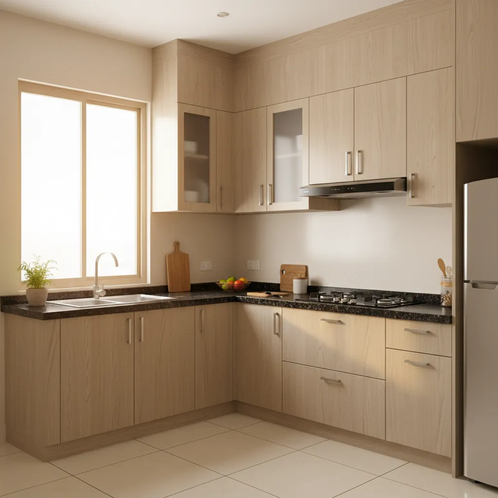 L-shaped kitchen design featuring light wood cabinets, dark countertop, double sink, window and large refrigerator