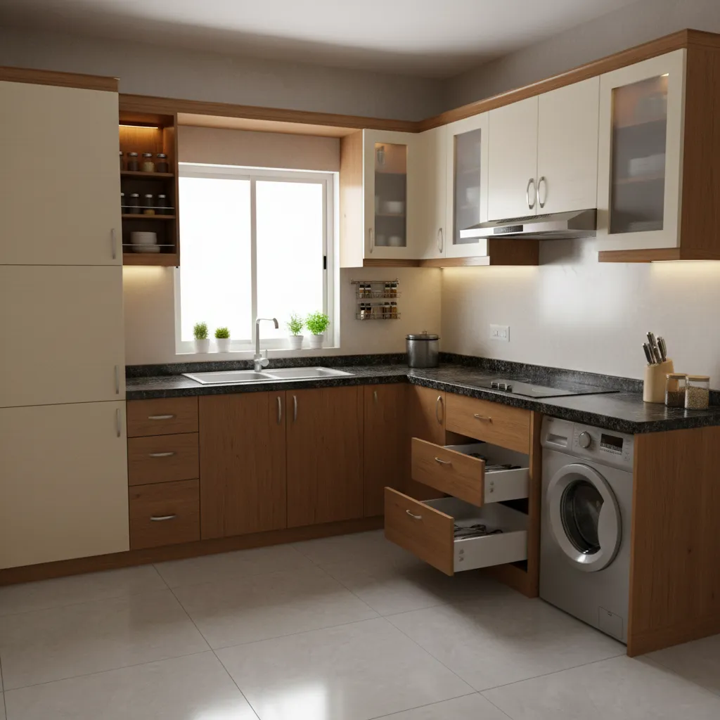 example of a modern modular kitchen layout in an Indian home