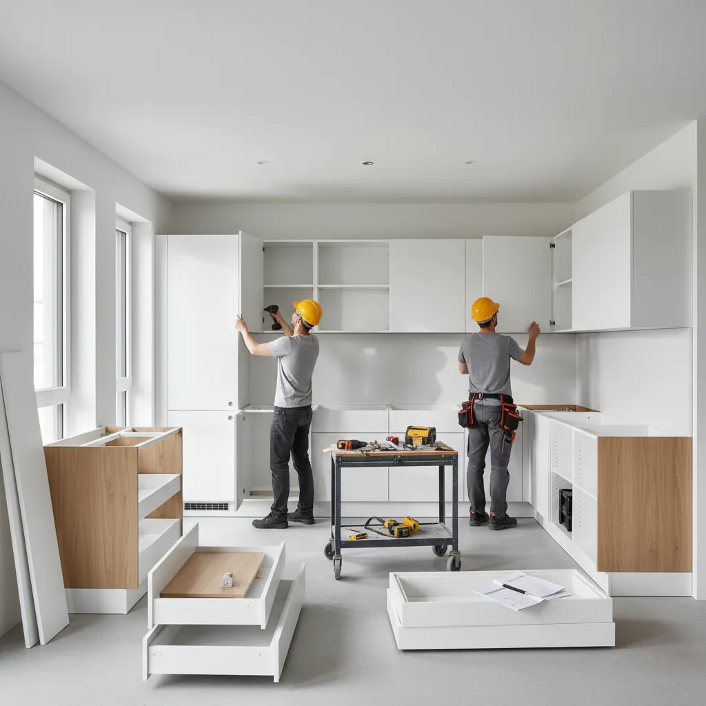 Modern modular kitchen installation with cabinets and island in progress