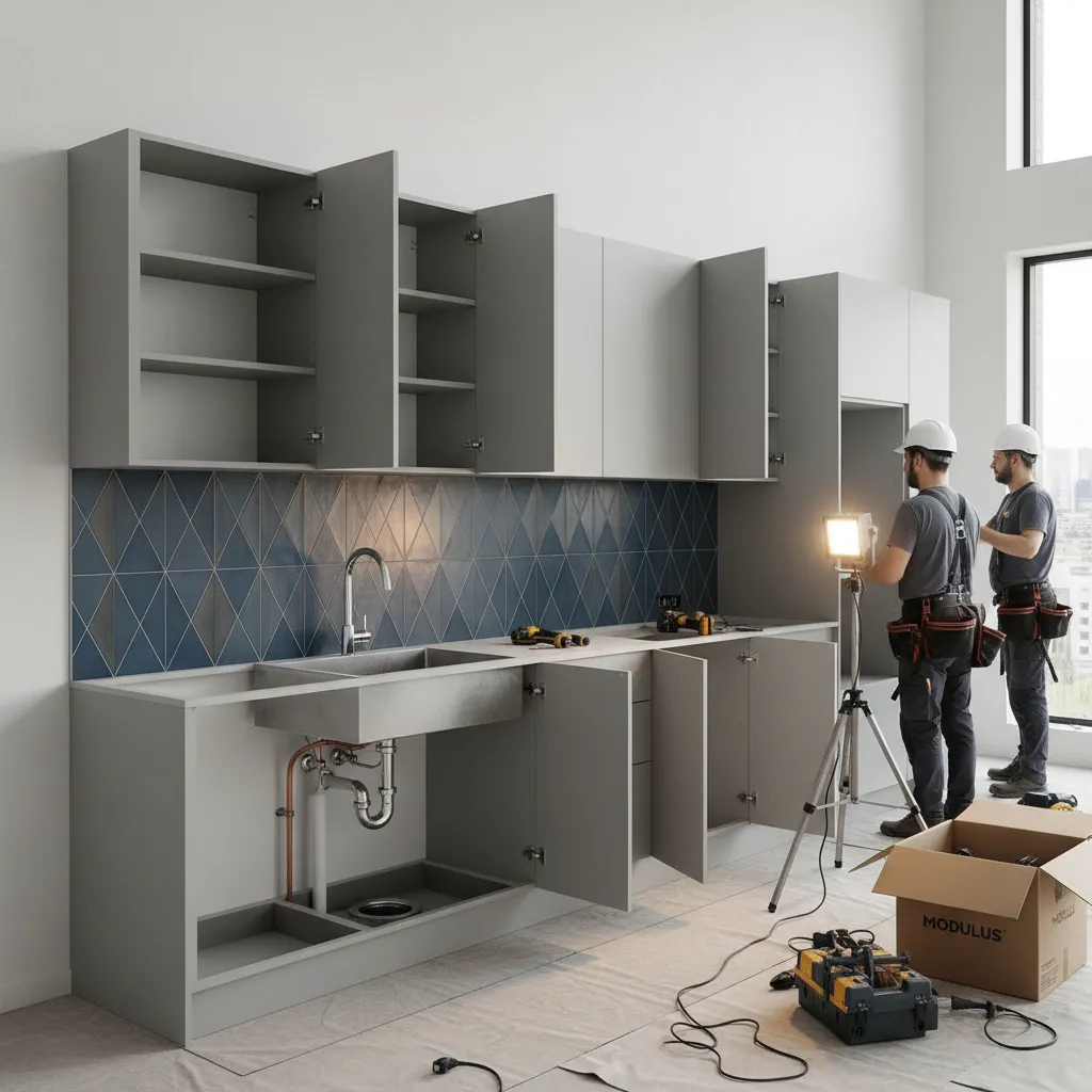 Modern modular kitchen installation showing cabinets plumbing and backsplash