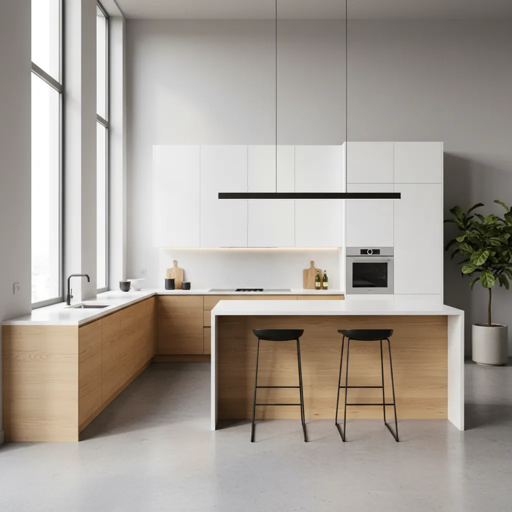Minimalist kitchen with white cabinets wood island two black stools and long black light fixture