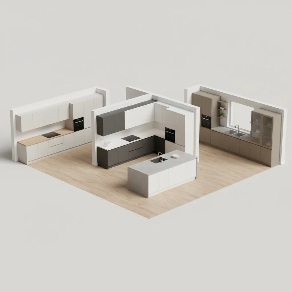 comparison of straight L shaped and U shaped modular kitchen layouts