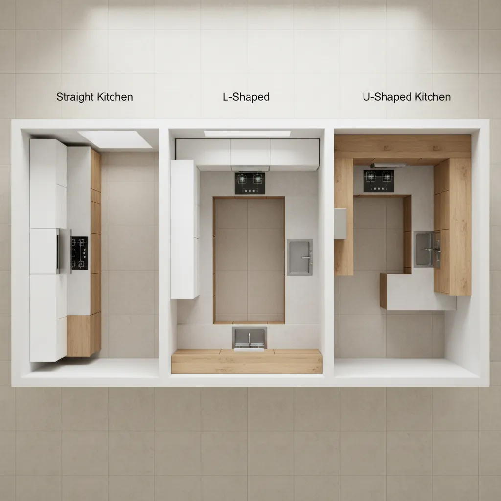 comparison of L shape U shape and straight modular kitchen layouts