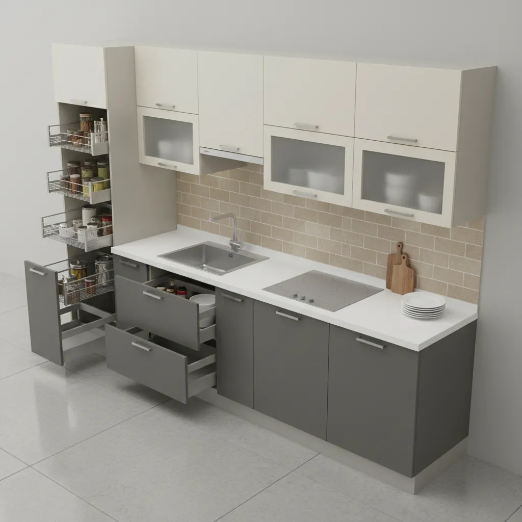 modular kitchen layout showing cabinets drawers and appliances placement