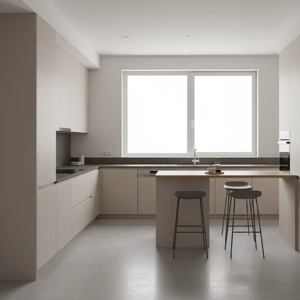 Example of a modern modular kitchen layout with cabinets and appliances organized efficiently