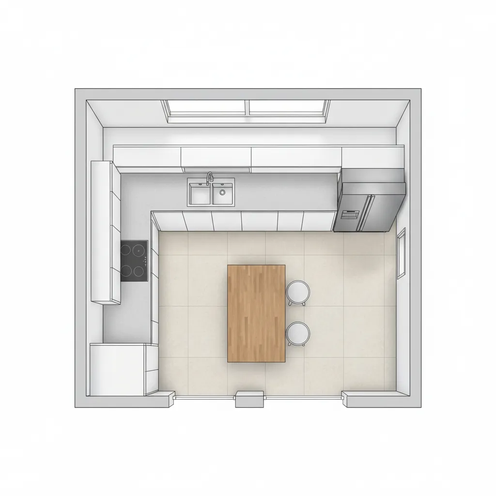 Top view room layout of a U-shaped kitchen with wooden table, two stools and refrigerator