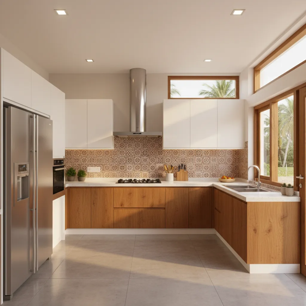 L shaped modular kitchen layout designed for Indian cooking in Kerala home