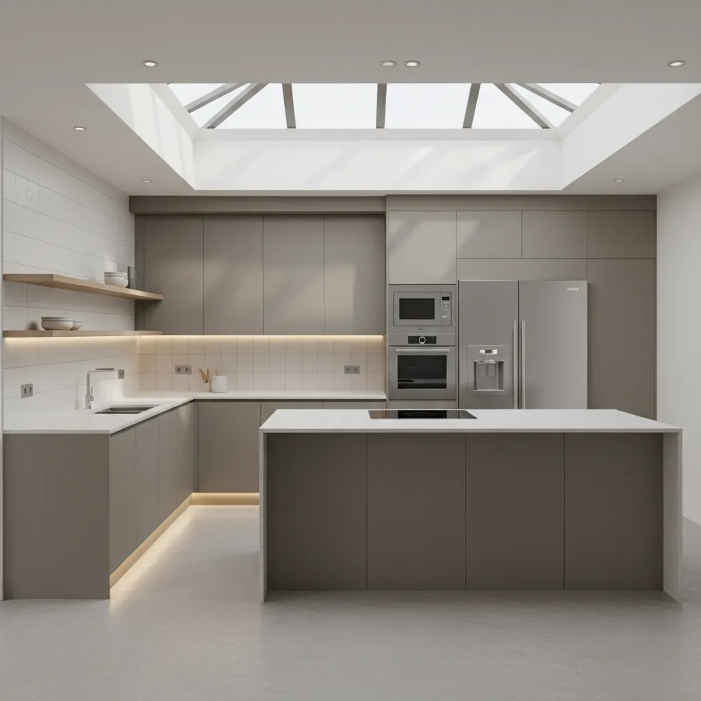 modern modular kitchen layout with cabinets appliances and clean countertop