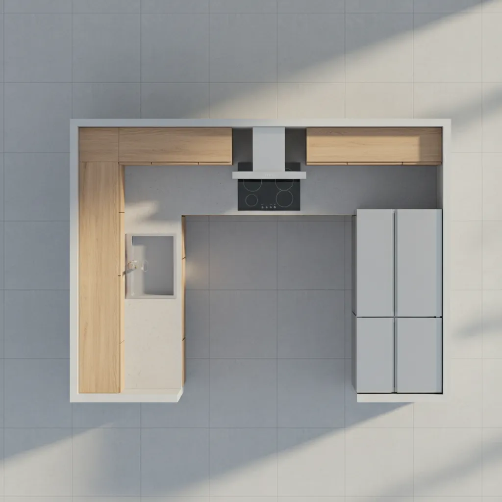 Top-down interior design drawing showing a U-shaped kitchen layout with wood cabinets and white countertop