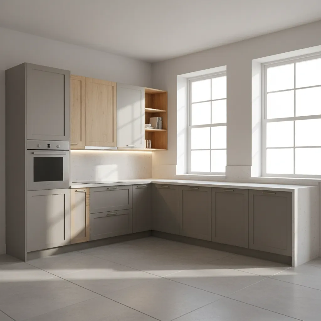 modern modular kitchen layout with cabinets appliances and organized countertop design