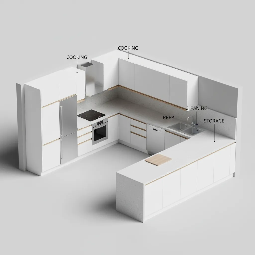 Kitchen layout diagram showing storage zones and cabinet sections