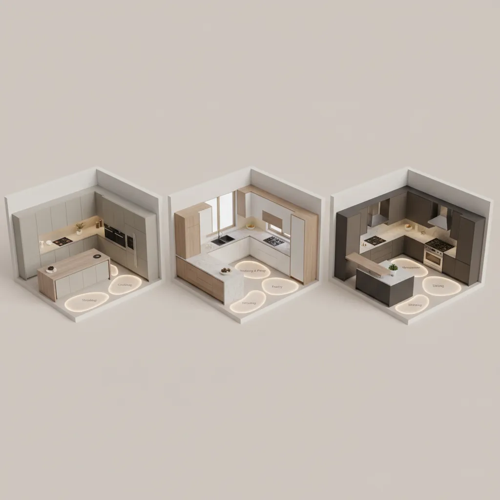 Different modular kitchen layouts including straight L shaped and U shaped kitchens
