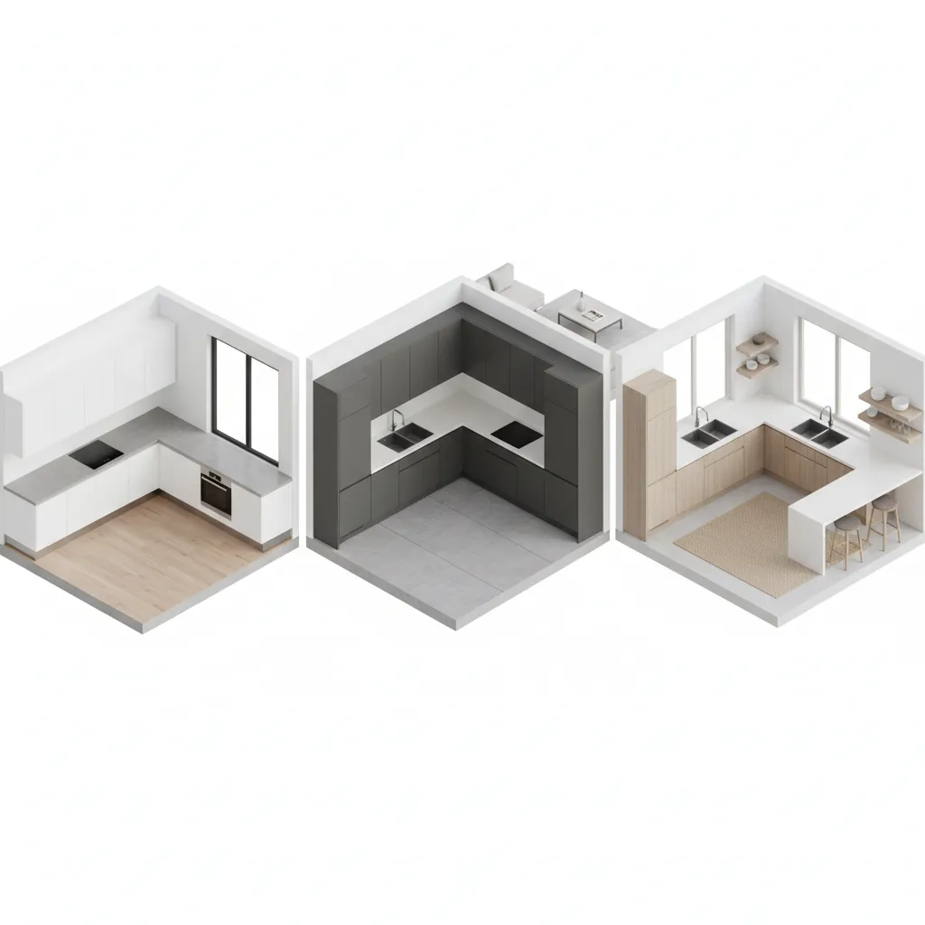 visual comparison of straight L shaped and U shaped modular kitchen layouts