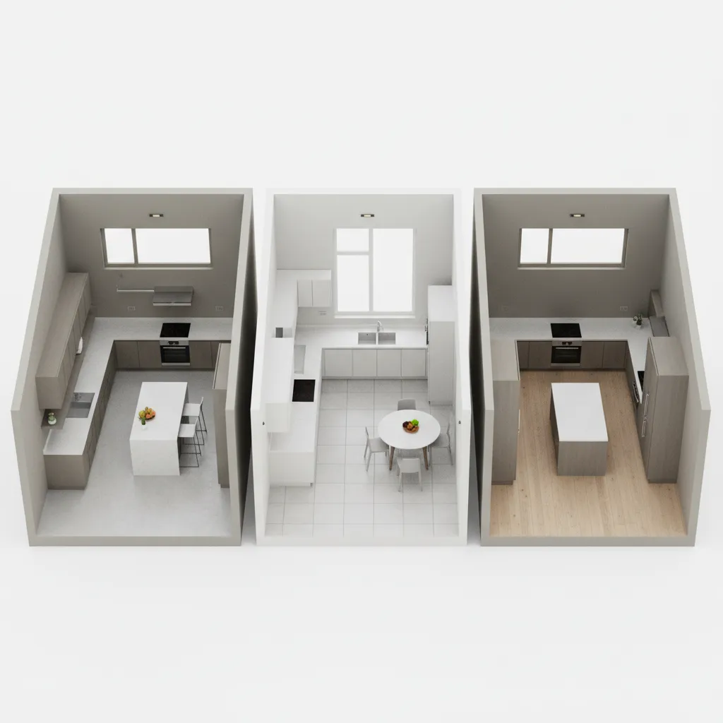 visual comparison of straight L shaped and U shaped modular kitchen layouts