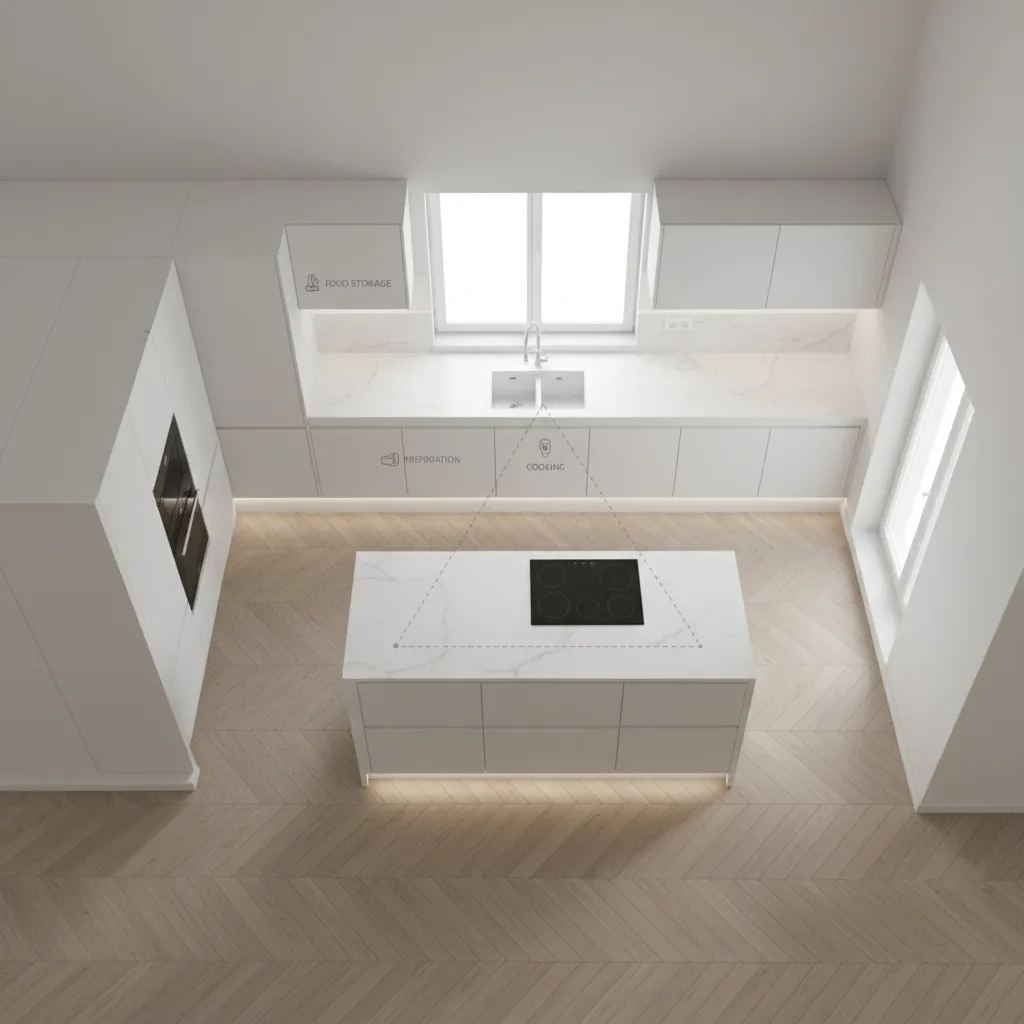 top view kitchen layout showing cabinet zones and work triangle