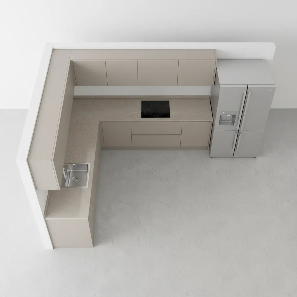 Top view of L shaped kitchen with beige cabinets, grey countertop, sink, and silver refrigerator