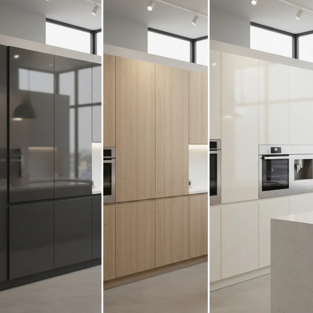 Different modular kitchen cabinet finishes laminate acrylic and membrane