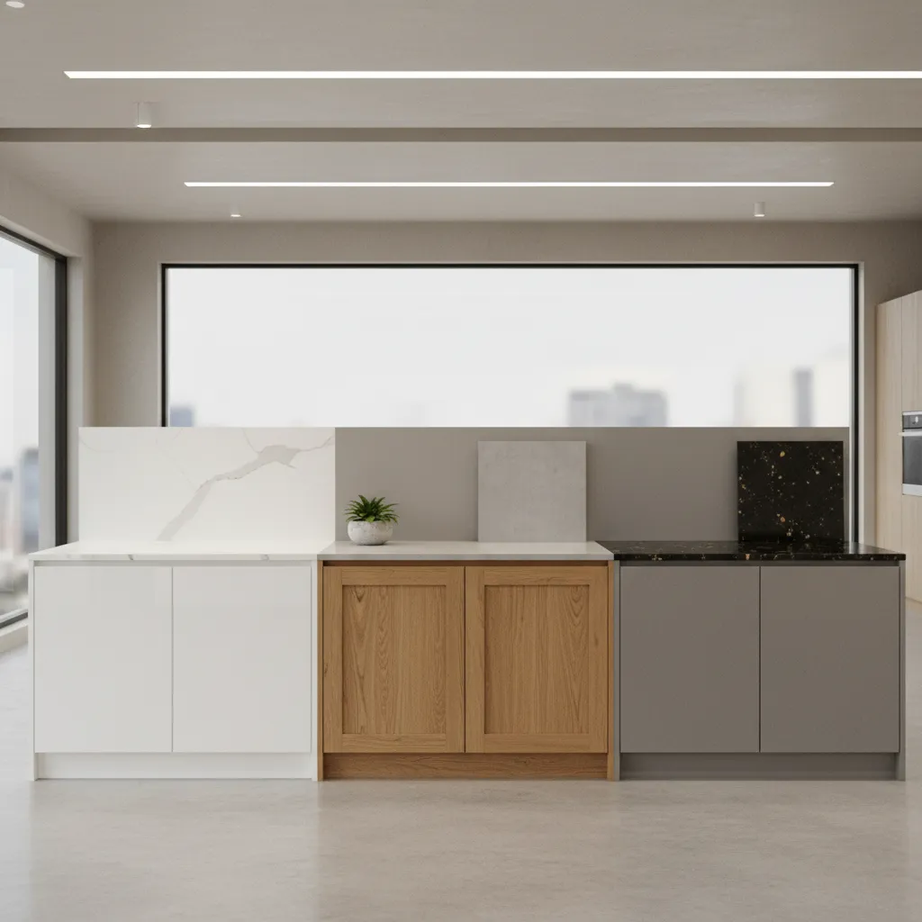 Different modular kitchen cabinet materials including laminate acrylic and wood