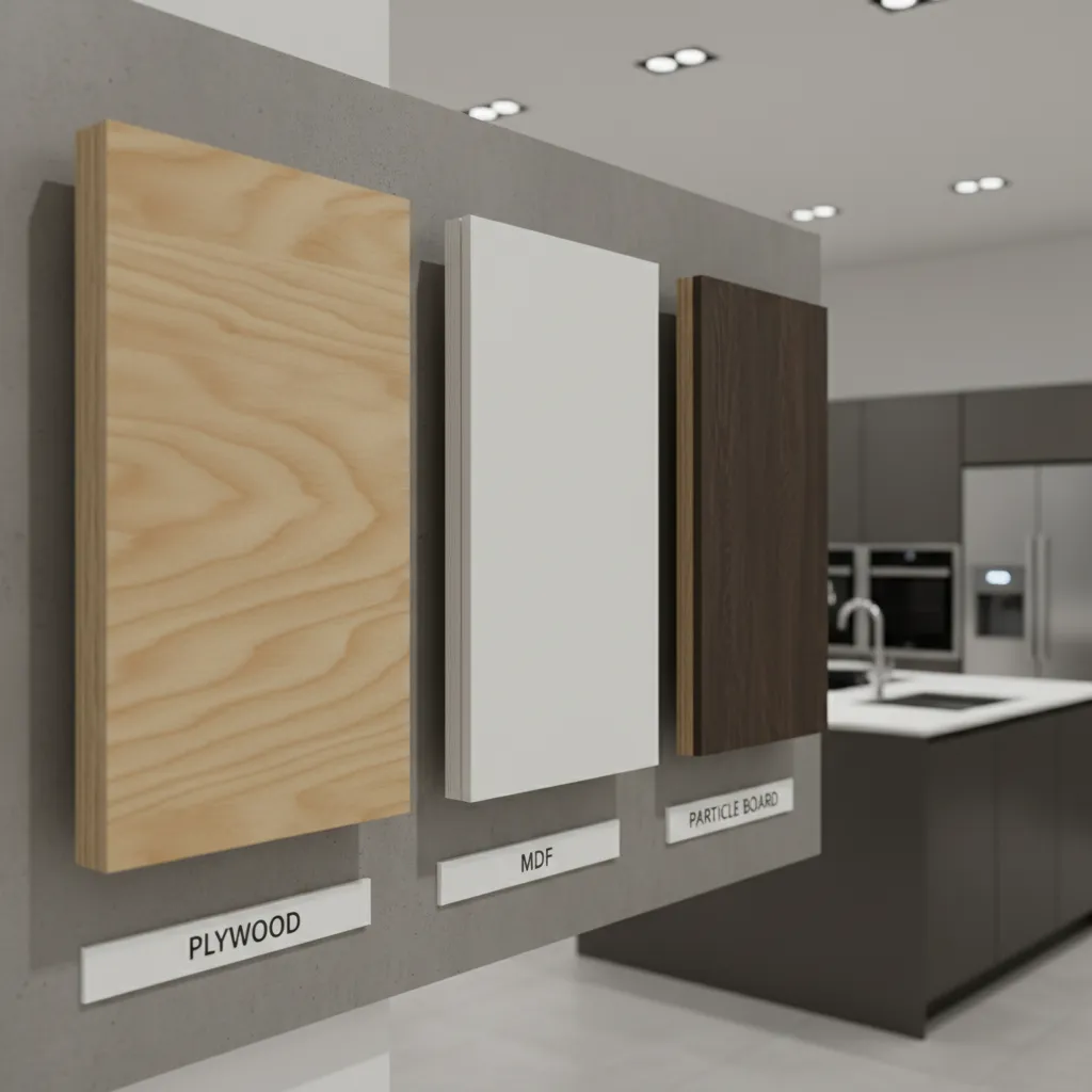 visual comparison of plywood MDF and particle board kitchen cabinets