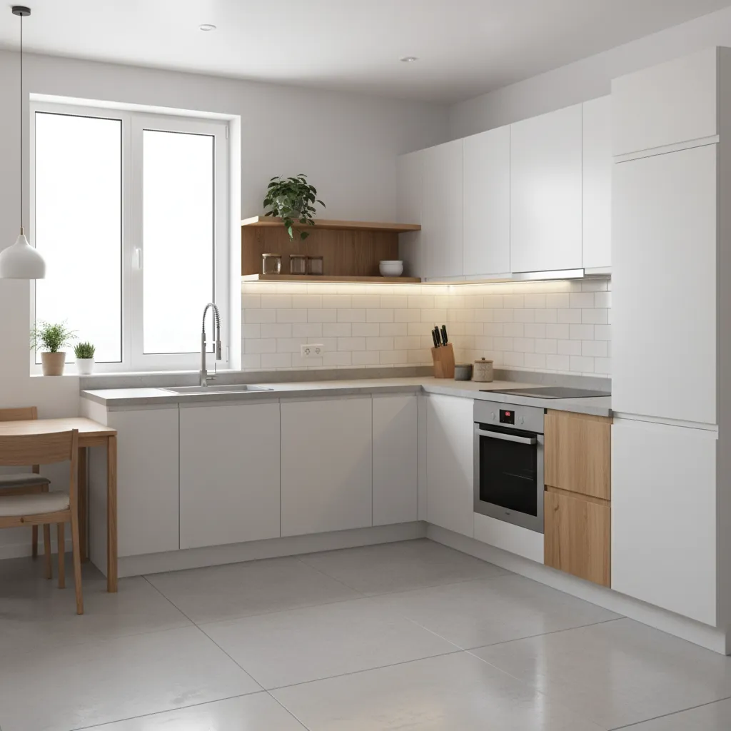 Modern apartment modular kitchen with cabinets and compact layout